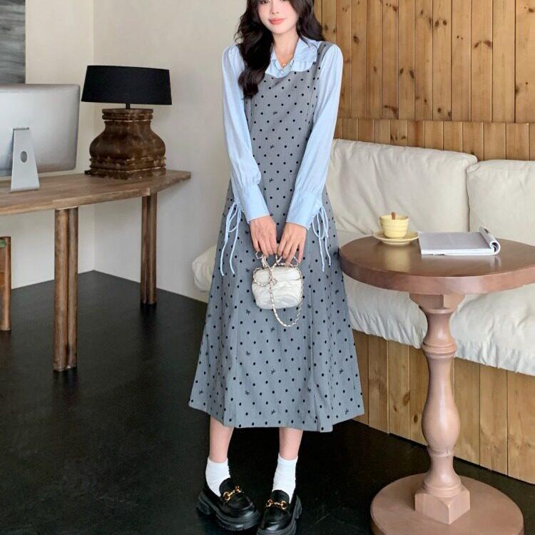 

Plus Size M-5XL Polka Dot Two-Piece Look Dress - Long Sleeve, Spring New Arrival, Conceals Belly 3XL