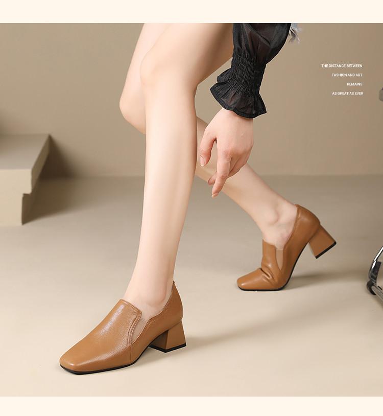 Sheepskin Women's Shoes Autumn New Style Square Head Coarse Custom Shoes Women's Middle Heel Commuting British Leather Shoes Le Fu Shoes Women