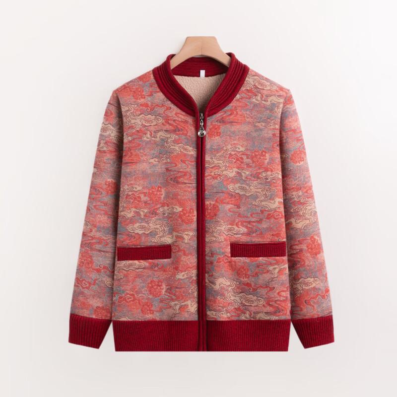 Women's Elderly Autumn Fleece-Lined V-Neck Knitted Cardigan