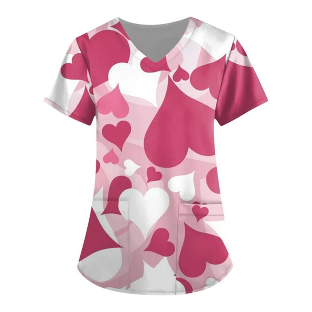 Women Valentines Day Ladies Nurse Uniform Love Print Gradient Short Sleeve Pocket Work Shirt Tunics Carer Medical Nursing Blouse