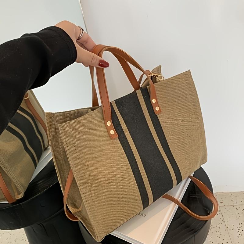 Stilvolle Damen Canvas-Tragetasche, Schwarz-Blau gestreiftes Design Handtasche Umhängetasche für Arbeit, Schule, Einkaufen, Strandausflüge & Fitnessstudio