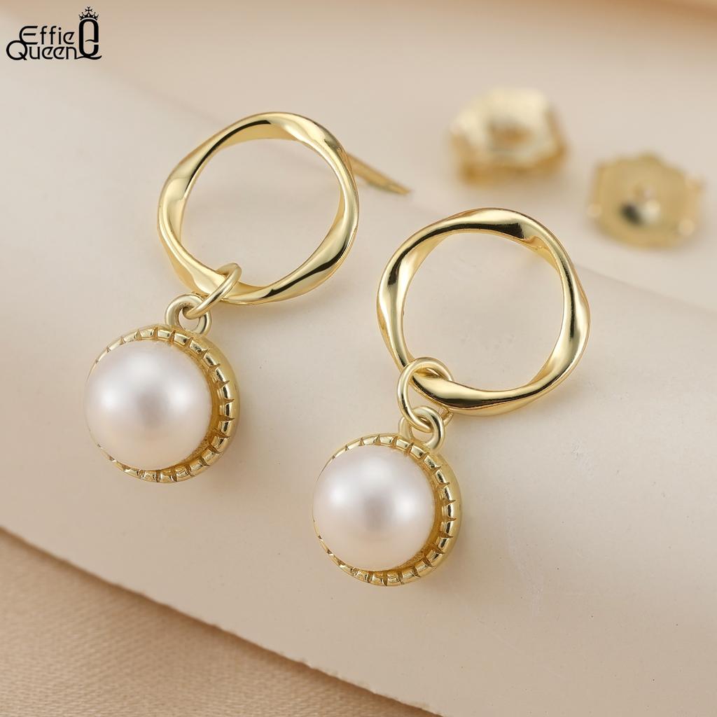 Effie Queen 100% S925 Silber 14k Gold Runde Süßwasserperlen Hängeohrringe Zeitloser Schmuck für Frauen Hochzeitsfeier Geschenk GPE121