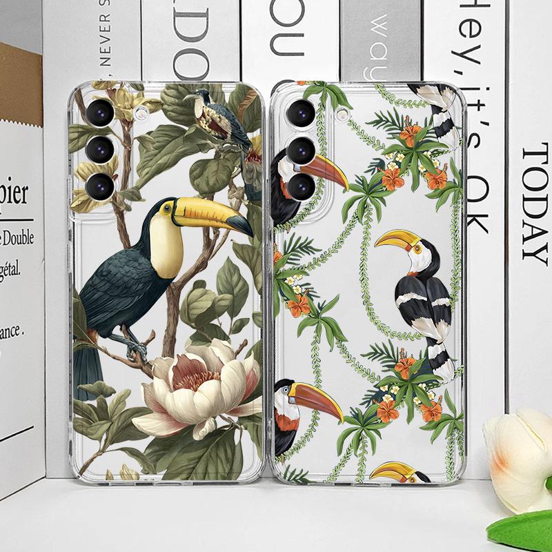 Cartoon Leaves Palm Tree Flowers Bird Phone Case for Samsung Galaxy S25 Ultra S25 Fe S24 S23 FE S22 S21+ S20 Plus 5G Soft Cover