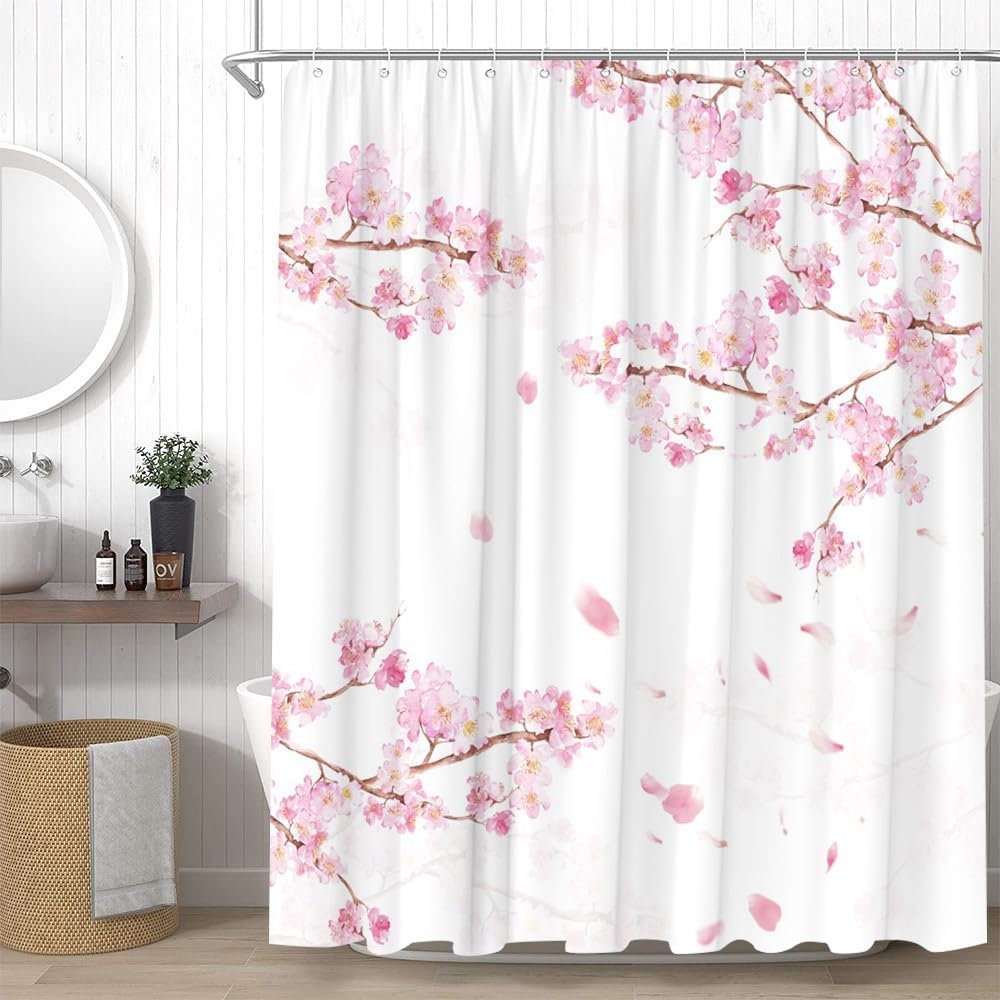 Cherry Blossom Shower Curtain Pink Plum Flower Asian Japanese Aesthetic Black Bathroom Decor Curtains Set with Hooks 90x180CM