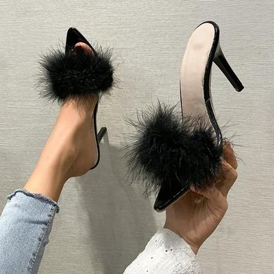 Fashion 2024 New Women's High Heel Slippers Female Summer  European and American Large Heel Slim Heel Plush Pointed Slippers Female