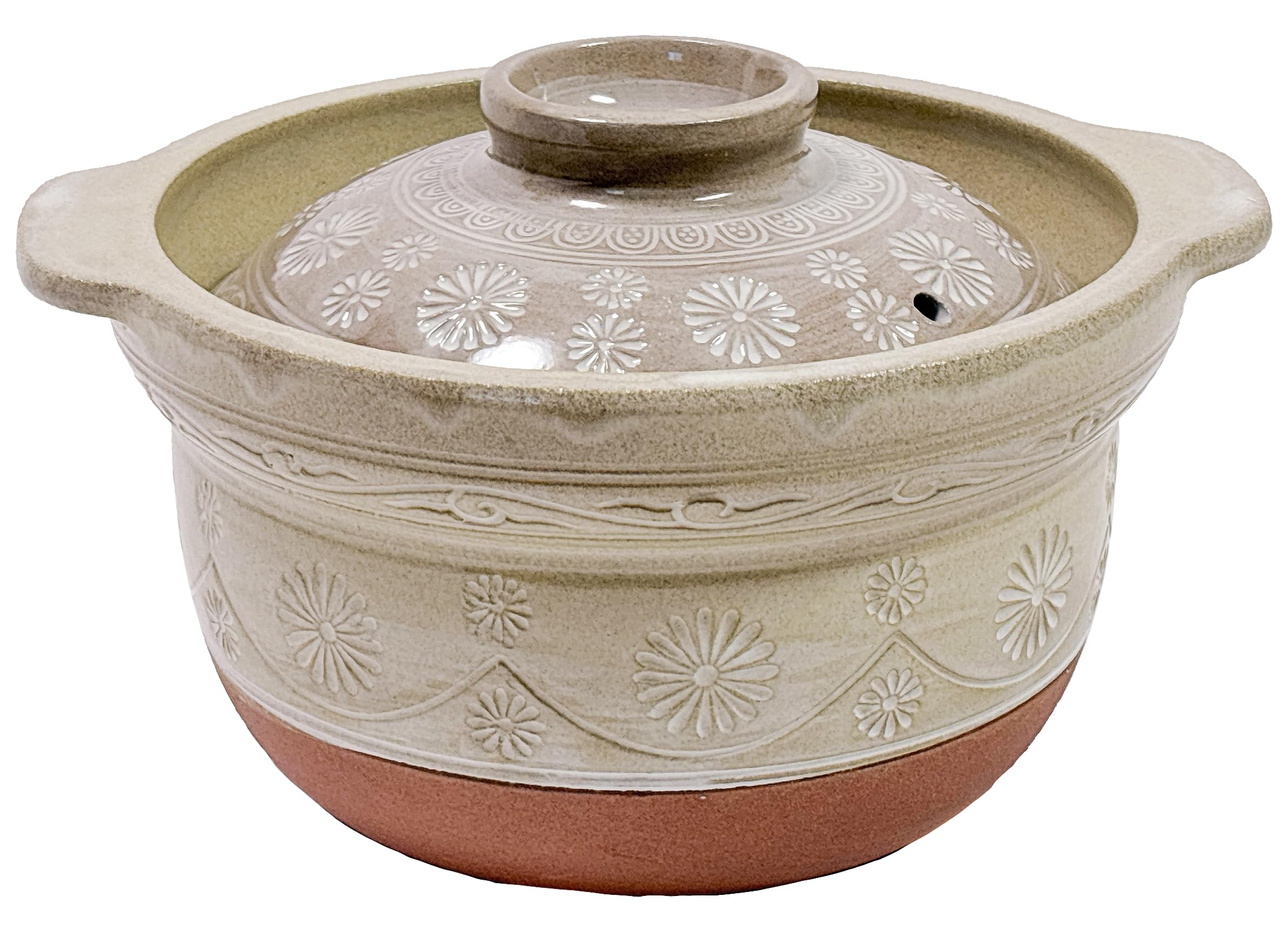 Ceramic-coated earthenware rice cooker pot, 3-cup capacity, made in Japan, Mishima pattern, Banko ware, Uchiyama Pottery, thick construction, heat ret