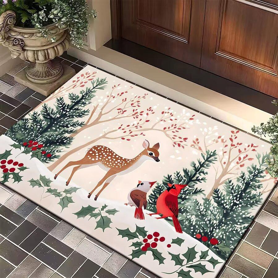 Christmas Elf Welcome Non-slip Water Absorbent Mat Rug Carpet for Bathroom Entryway Red Green Plaid Festive Home Decoration