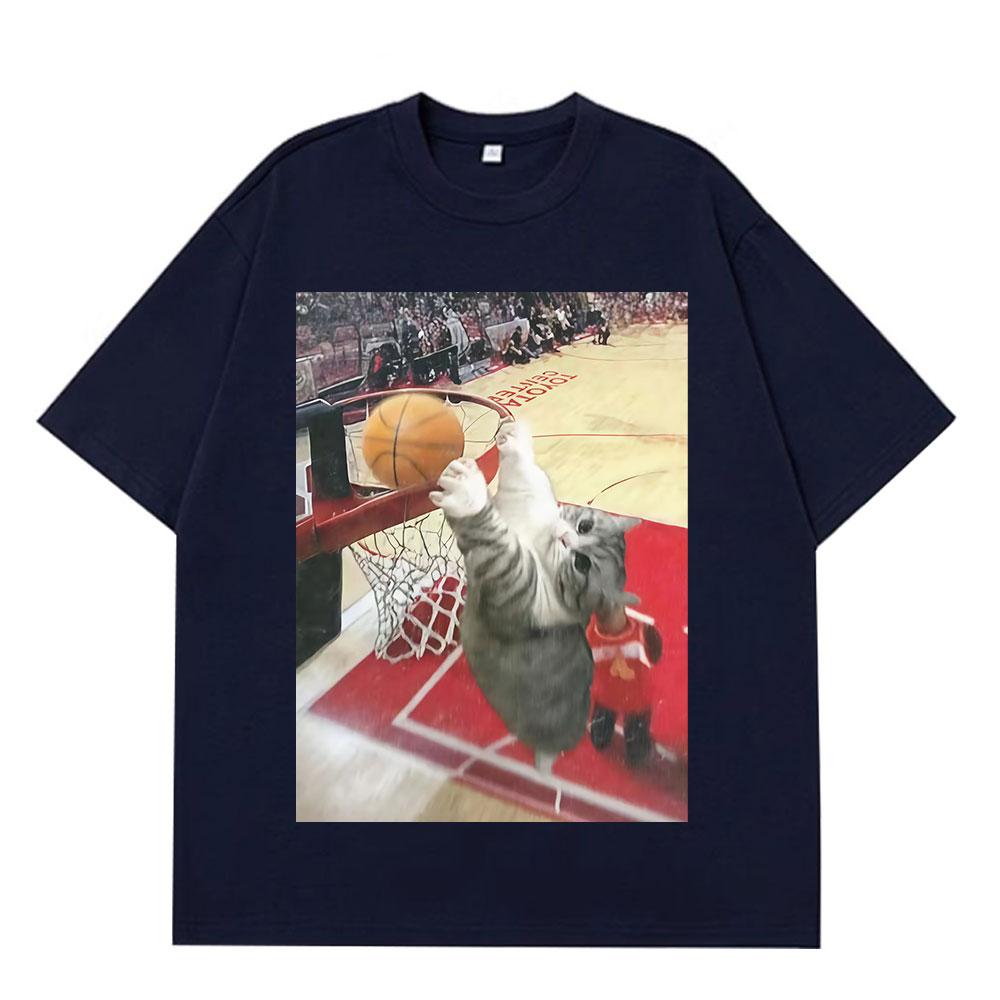 Vintage Funny Cat Dunking Basketball Meme T Shirt Men Women Casual Tshirt Summer Loose Cotton Highquality Oversized Tshirts