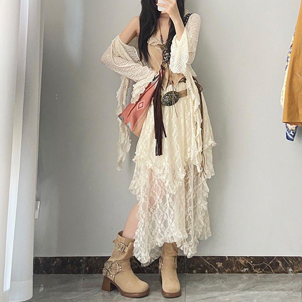 Versatile Layered Asymmetric Lace Skirt - Bohemian Nomadic Style Flowy Drape Midi Skirt