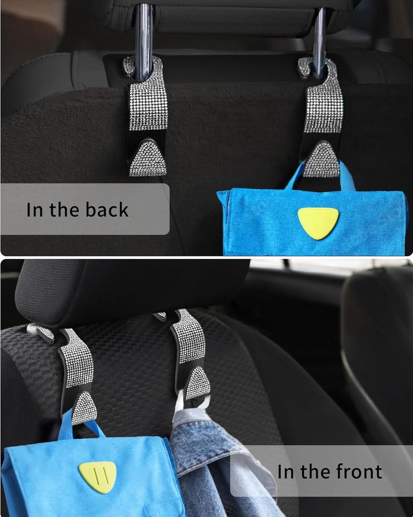Sparkling Car Seat headrest Hooks, 4 Pack, White Purse Holder for Car Headrest, Chic Automotive Accessories for Women Essentials Handbag Clothes Coats