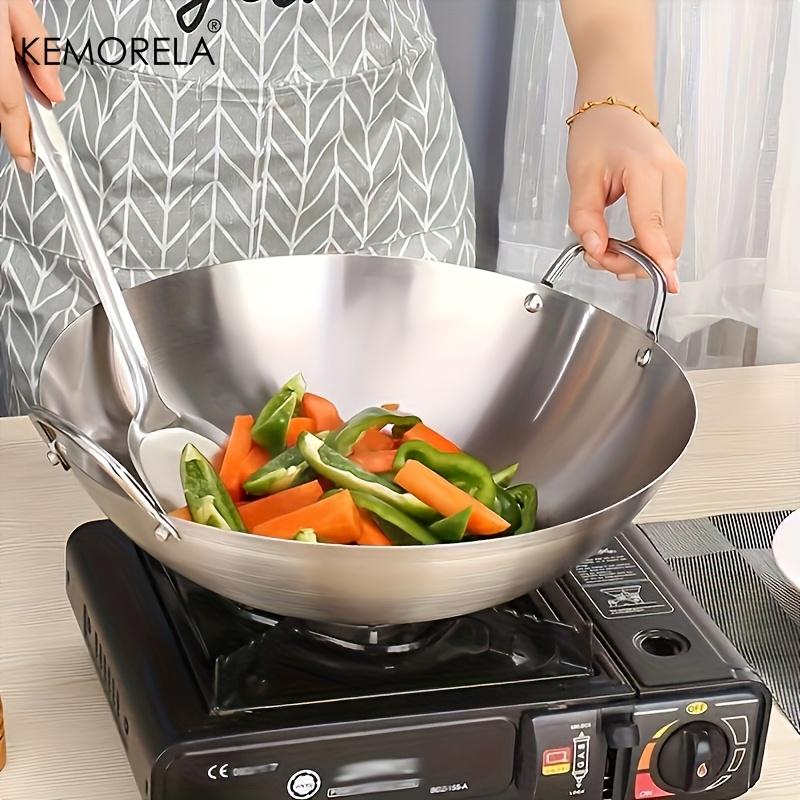 1 Stück Edelstahl-Wok Unbeschichtet 26/28/30/32/34cm Hohe Qualität Doppelgriff Kochpfanne Geeignet für Zuhause Rindfleisch Gebraten Kochen