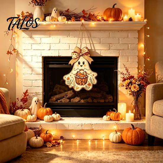Outdoor Fall Entryway Sign Cute Bow Ghost Hanging Sign, Rustic Retro Floral Door with Pumpkin Harvest Wall Art Basket, Vintage Halloween Wooden