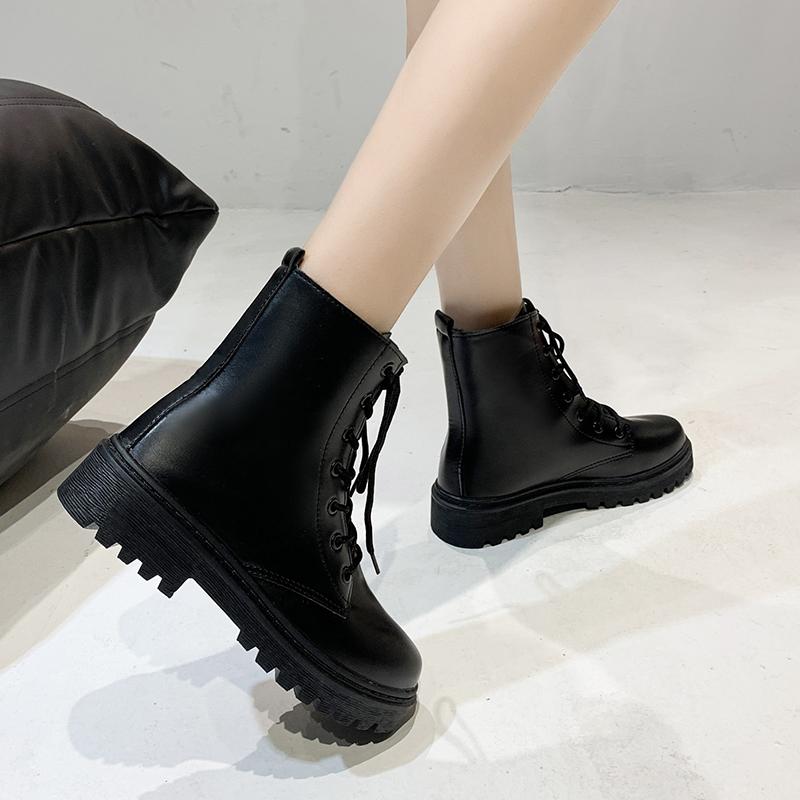 Shoes Female  Fashion Ankle Women's Boots Platform PU Modern Boots Women Round Toe Lace Up Fretwork Heel Shoes Women Zapatos