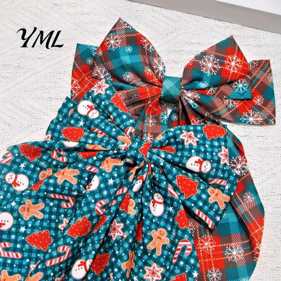 Christmas Tree Hair Ornaments Large Bow for Women Girls, Decorative Clip with Classic Holiday Snowflake Plaid Ties Prints, Elegant Long Tail Barrettes