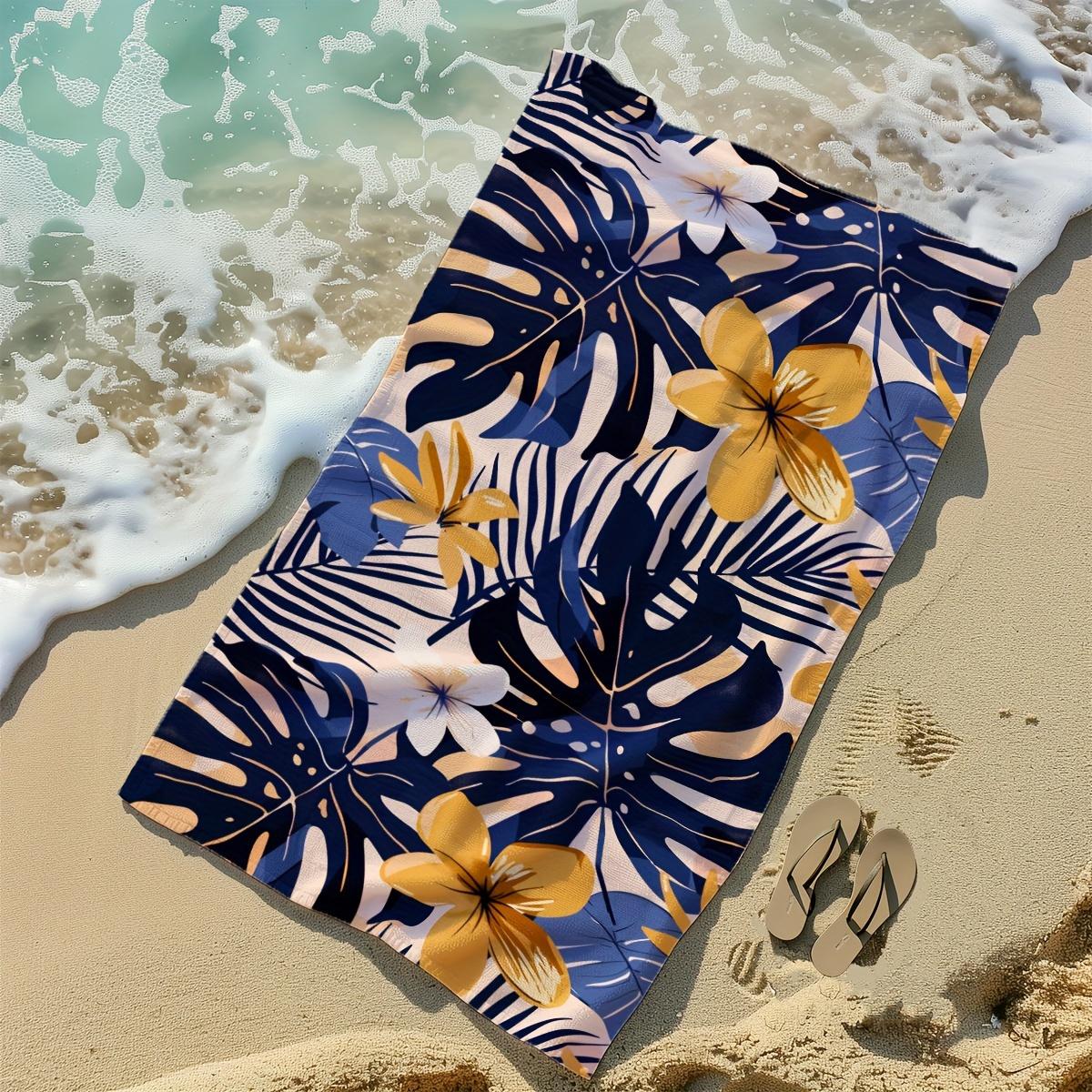 

Boho Tropical Floral Beach Towel Navy Blue Yellow Monstera Plumeria Print Quick Dry Sand Free Oversized Bath Towel W40*H60(CM)