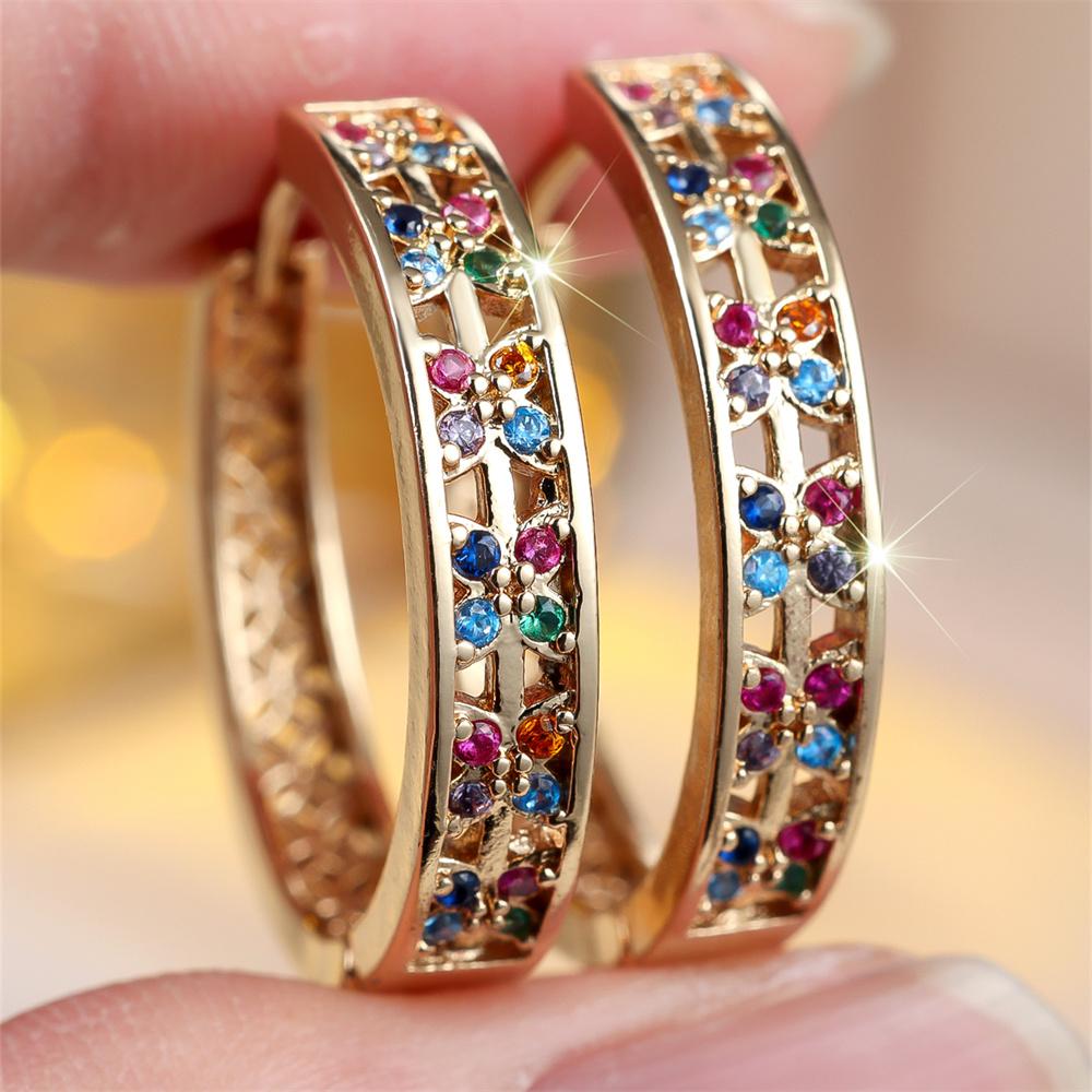 Multicolor Zircon Round Stone Small Flower Hoop Earrings For Women Vintage Gold Color Engagement Ear Buckle Wedding Jewelry Gift