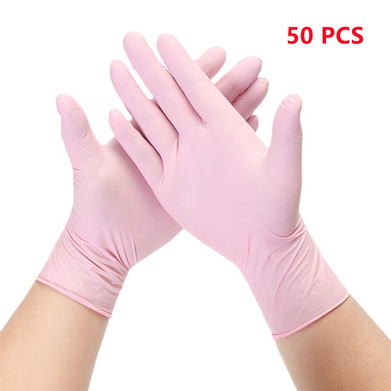 Gants en nitrile rose jetables, sans poudre, pour le nettoyage domestique, la cuisine, le jardinage, le travail, la beauté, les ongles, 50/100 pièces China Mainland&XS