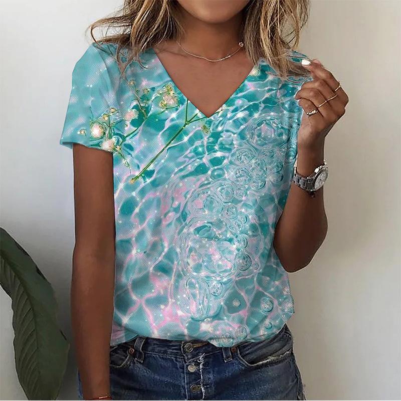 Vintage Damen T-Shirt mit Blumendruck Kurzarm V-Ausschnitt Oberteile Bequeme T-Shirts