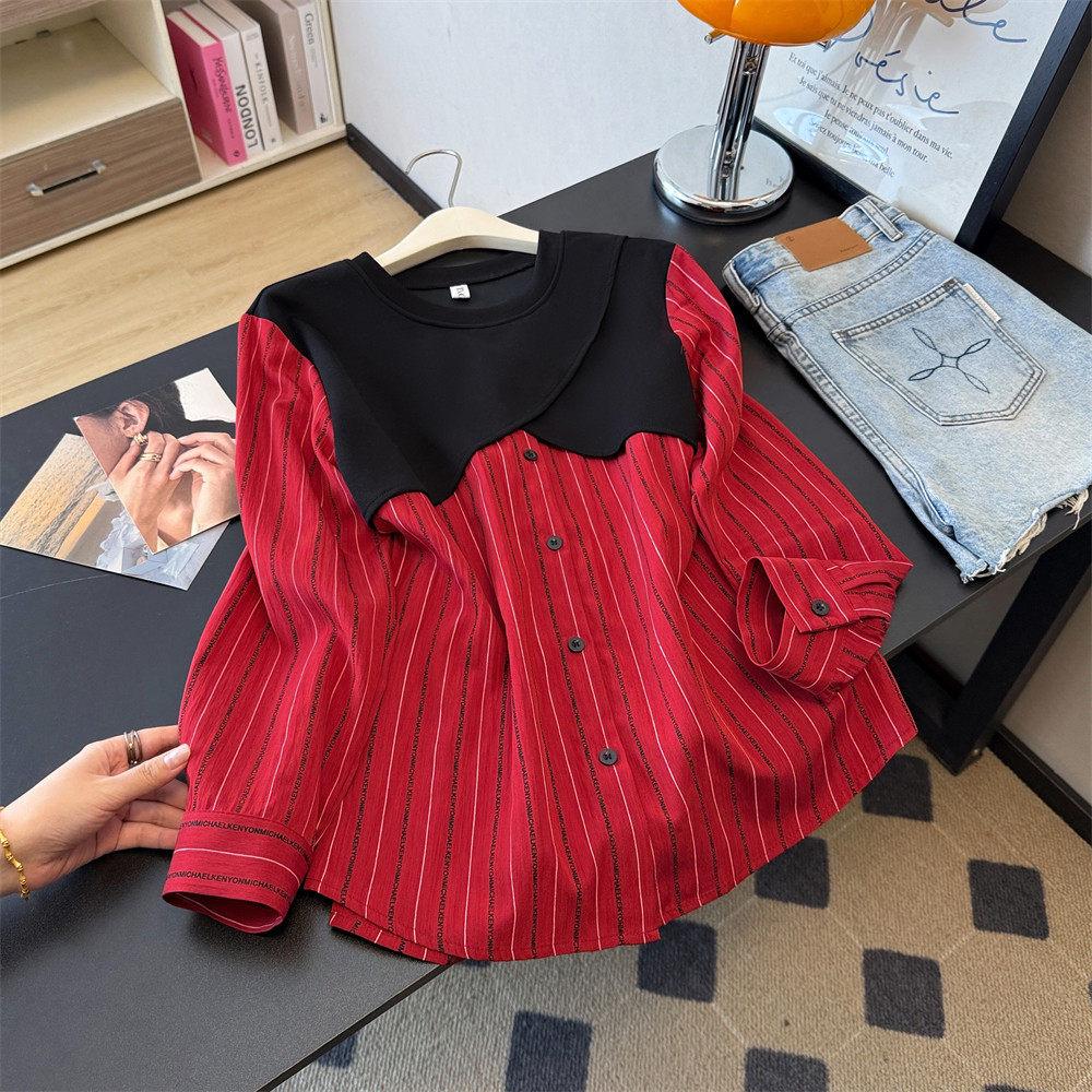 

Korean Chic Fake Two-Piece Striped Patchwork Long Sleeve Shirt - Slimming Spring/Autumn Style 4XL красный