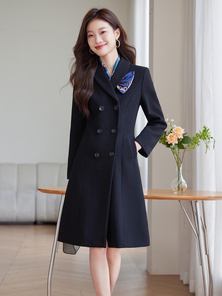 Women's Dark Blue Wool Tweed Long Coat - Chic Autumn/Winter Workwear