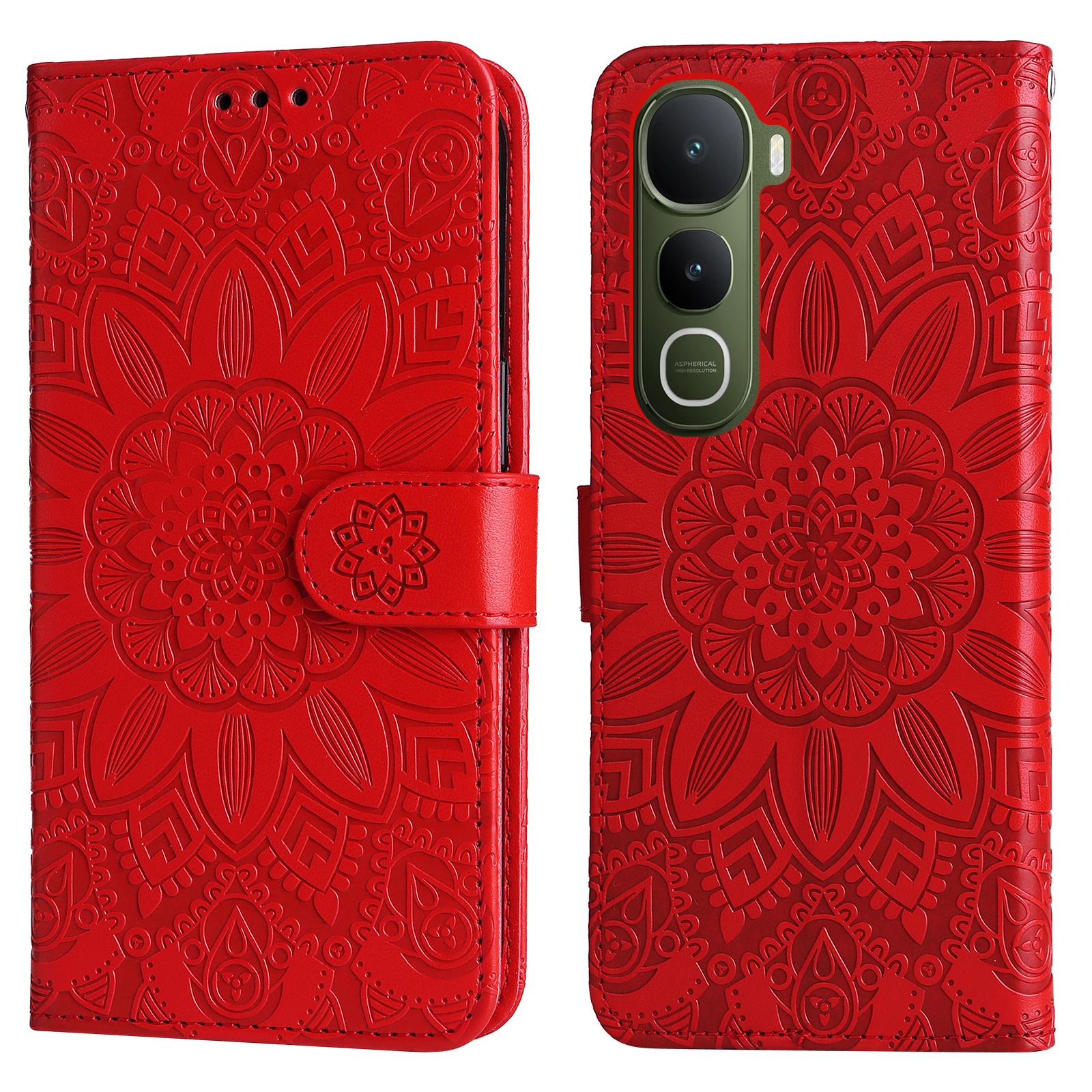 

Чехол для vivo Y400 5G Кожаный чехол-кошелек с оттиском подсолнуха Red