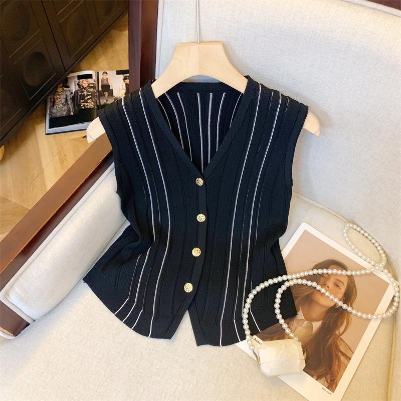 Summer Retro Striped V-Neck Sleeveless Single-Breasted Knitted Vest For Women