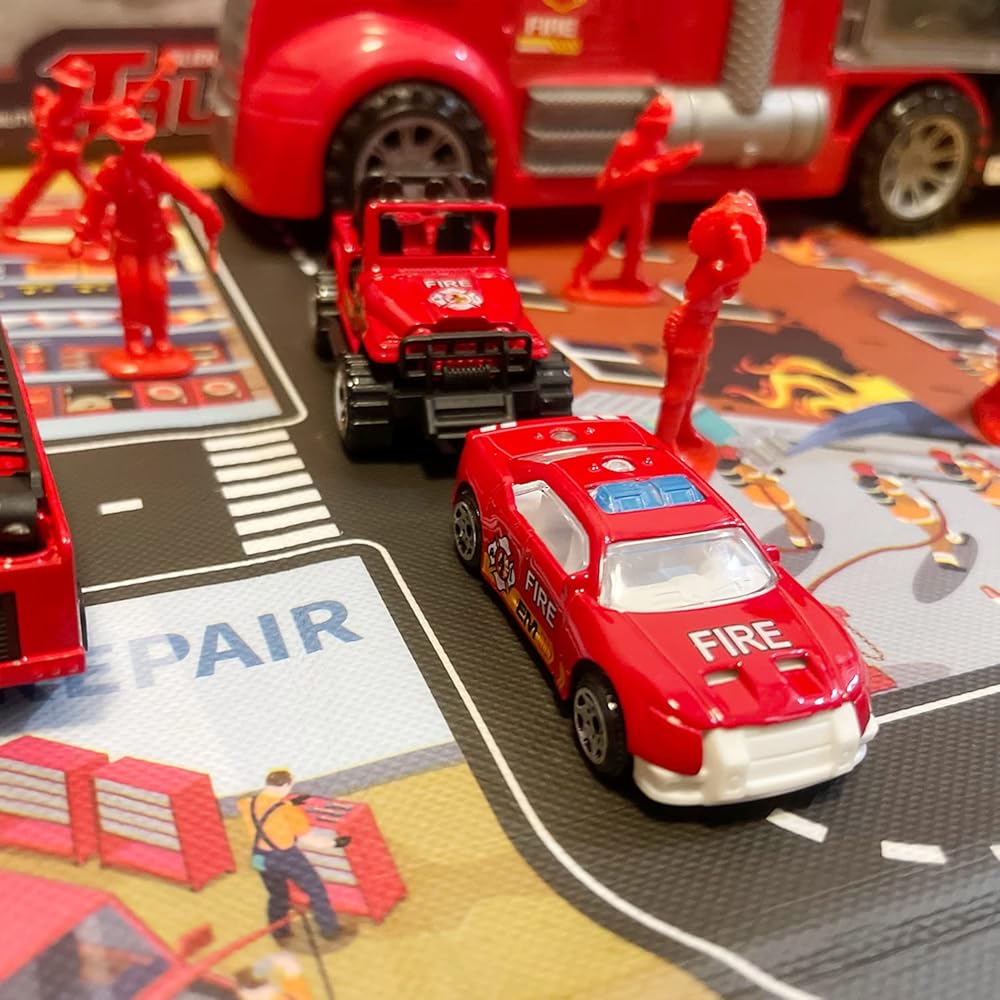 Carecoly Fire Truck Vehicle Set with Storage Truck, Alloy Mini Cars, Fire Map, Toy for Boys and Girls, Ages 6 and Up