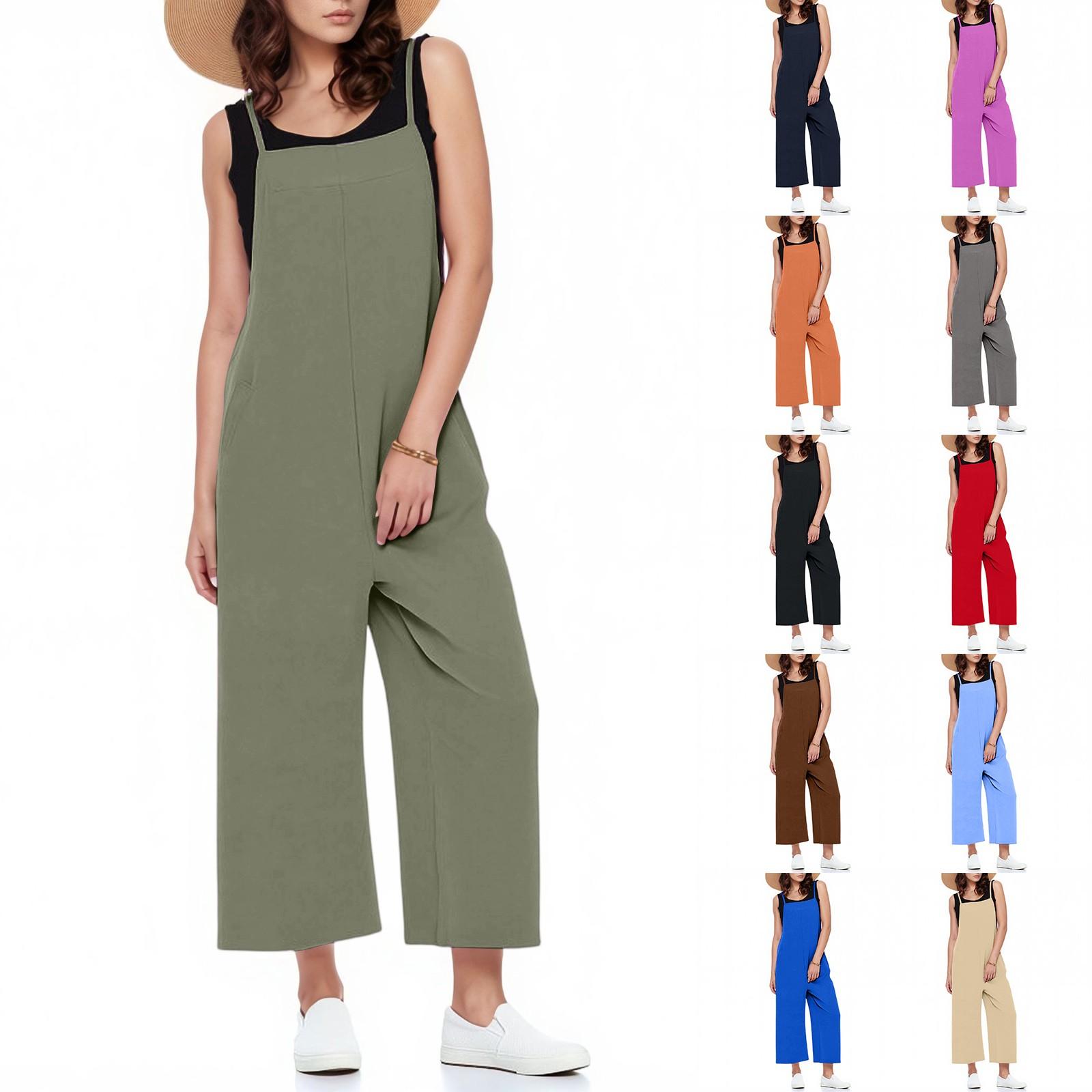 

Casual Wide Leg Jumpsuits For Women Solid Color Overalls Rompers Outfits With Pockets L хакі