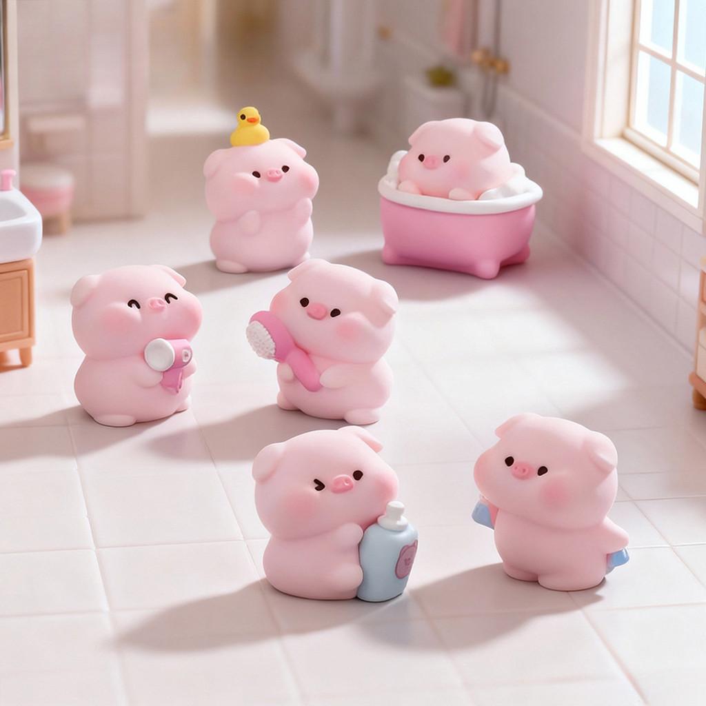 6Pcs/set Cartoon Shower Pig Miniatures Resin Animal Ornaments Moss Terrarium Micro Landscape Fairy Garden Decoration