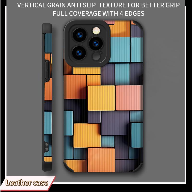 

Чехол из кожи с вертикальным зернистым рисунком, 3D-принтом с разноцветными блоками, противоударный, мягкий силиконовый чехол с полной защитой объектива камеры для iPhone iPhone 13 Pro чёрный