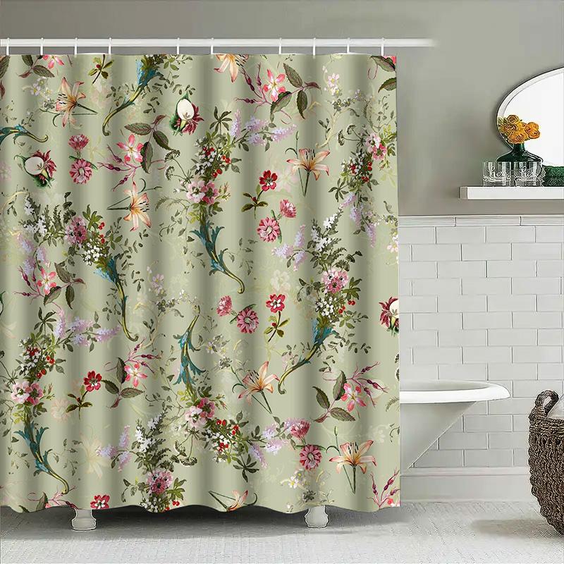 Fashion Shower Curtain With Floral Design, Waterproof Fabric For Bathroom Decoration Green (180X200Cm)