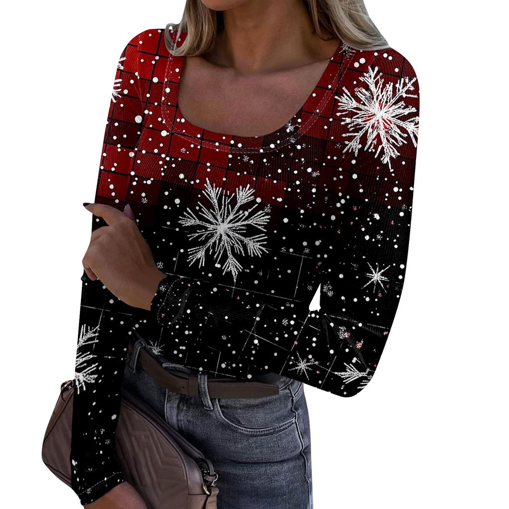 Women's Fashion Slim Bottom Casual Long Sleeve Christmas Printed Pullover U Neck Top