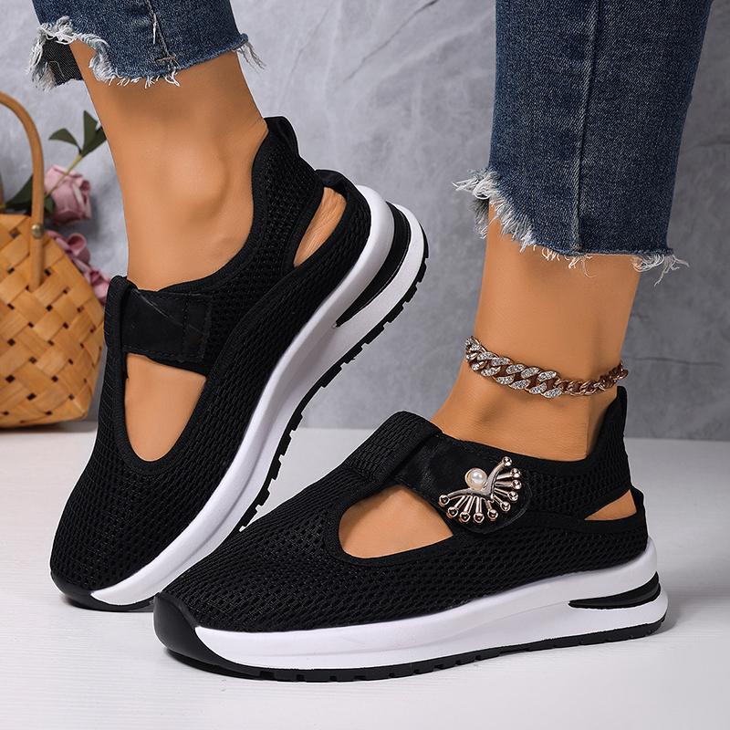 Fashion Jewel Metal Comfort Light Sneakers Women Hollow Out Breathable Mesh Shoes Woman Summer Thick Sole Non Slip Platform Casual Shoes