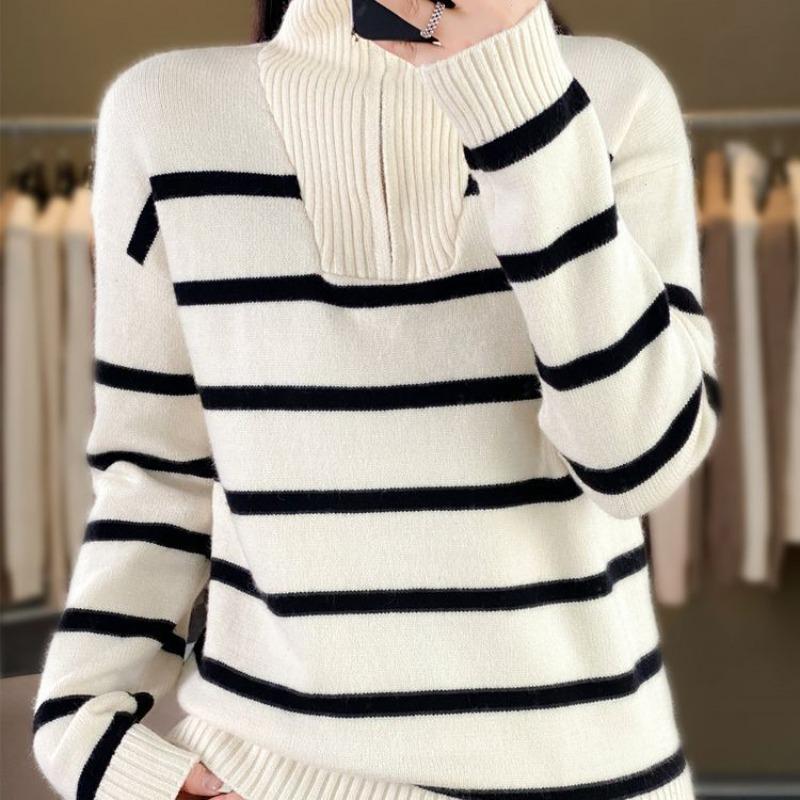 Autumn and winter new thickened striped turtleneck zipper women's long-sleeved knitted sweater lapel color strip pullover bottoming shirt