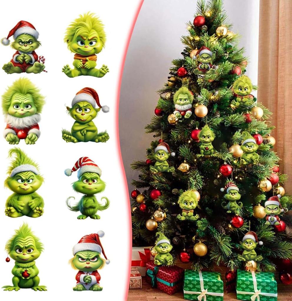 12pcs Whimsical Green Christmas Tree Ornaments - Acrylic Wooden Hanging Decorations For Holiday & Thanksgiving Home Decor