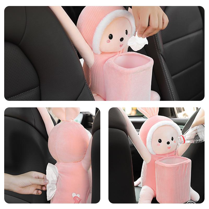 2 In1 Creative Cartoon Car Tissue Box Auto Seat Hanging Type Cute Plush Tissue Holder Armrest Box Plastic Storage Garbage
