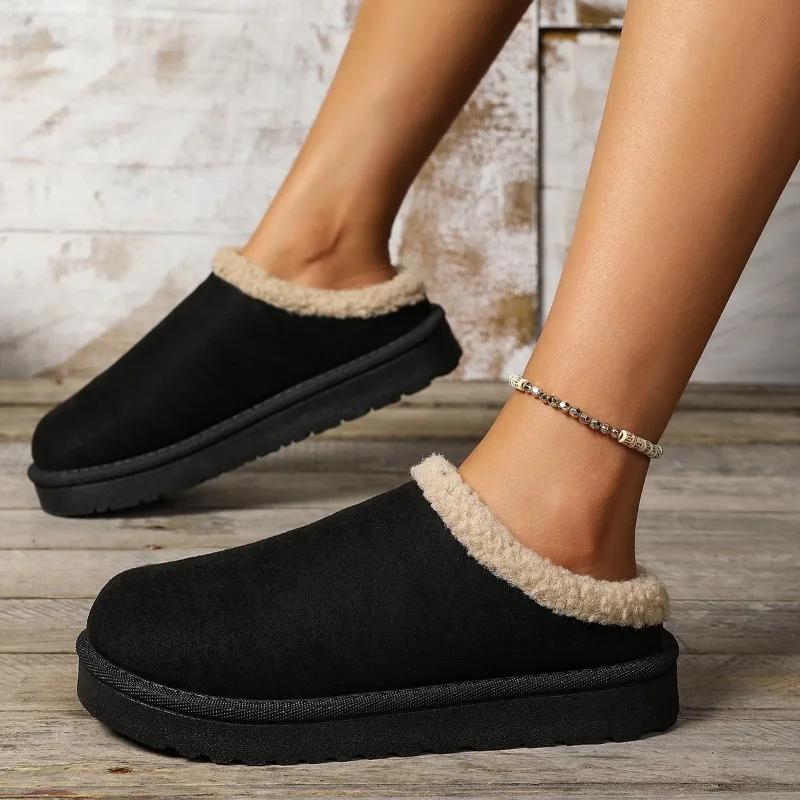 

Модные женские зимние утепленные флисовой подкладкой теплые сноубутсы для улицы и дома, нескользящие хлопковые тапочки с круглым носком на плоской подошве, резиновая подошва 36 чёрный