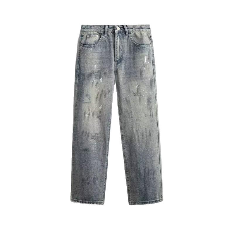 American retro ink splashing tie-dyed jeans men's and women's spring and autumn high street vibe style pants high-end straight pants