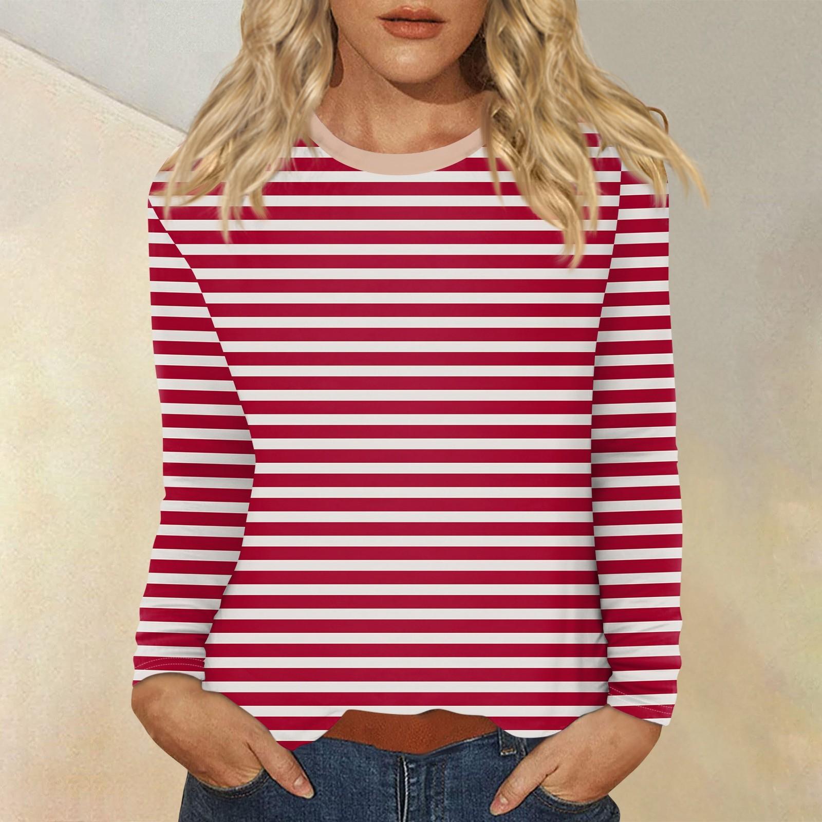 

Женский повседневный топ с круглым вырезом и длинными рукавами в полоску с принтом XXXL красный