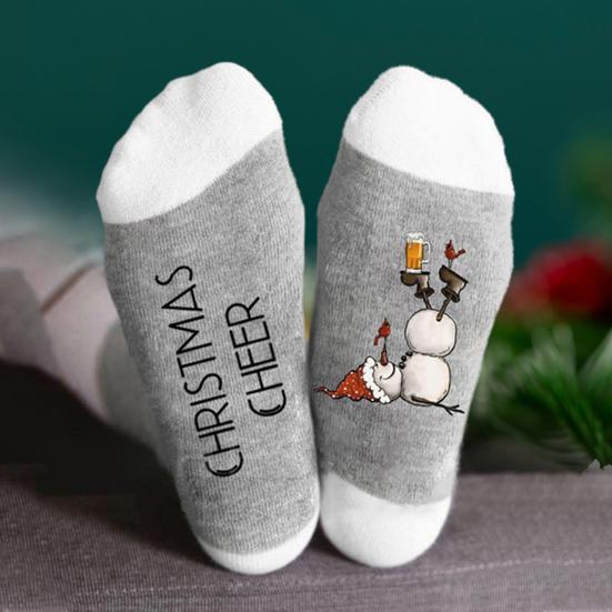 1 Pair Festive Christmas Socks Cute Snowman Bowknot Letters Print Mid Tube Winter Socks Holiday Gift