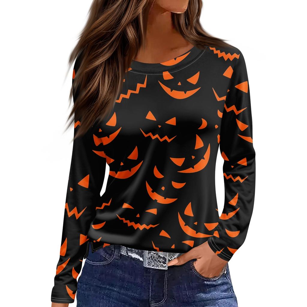 Women's Fashion Long Sleeve Top Crew Neck Halloween Print Split Hem Casual Shirt Lightweight Comfortable Fit