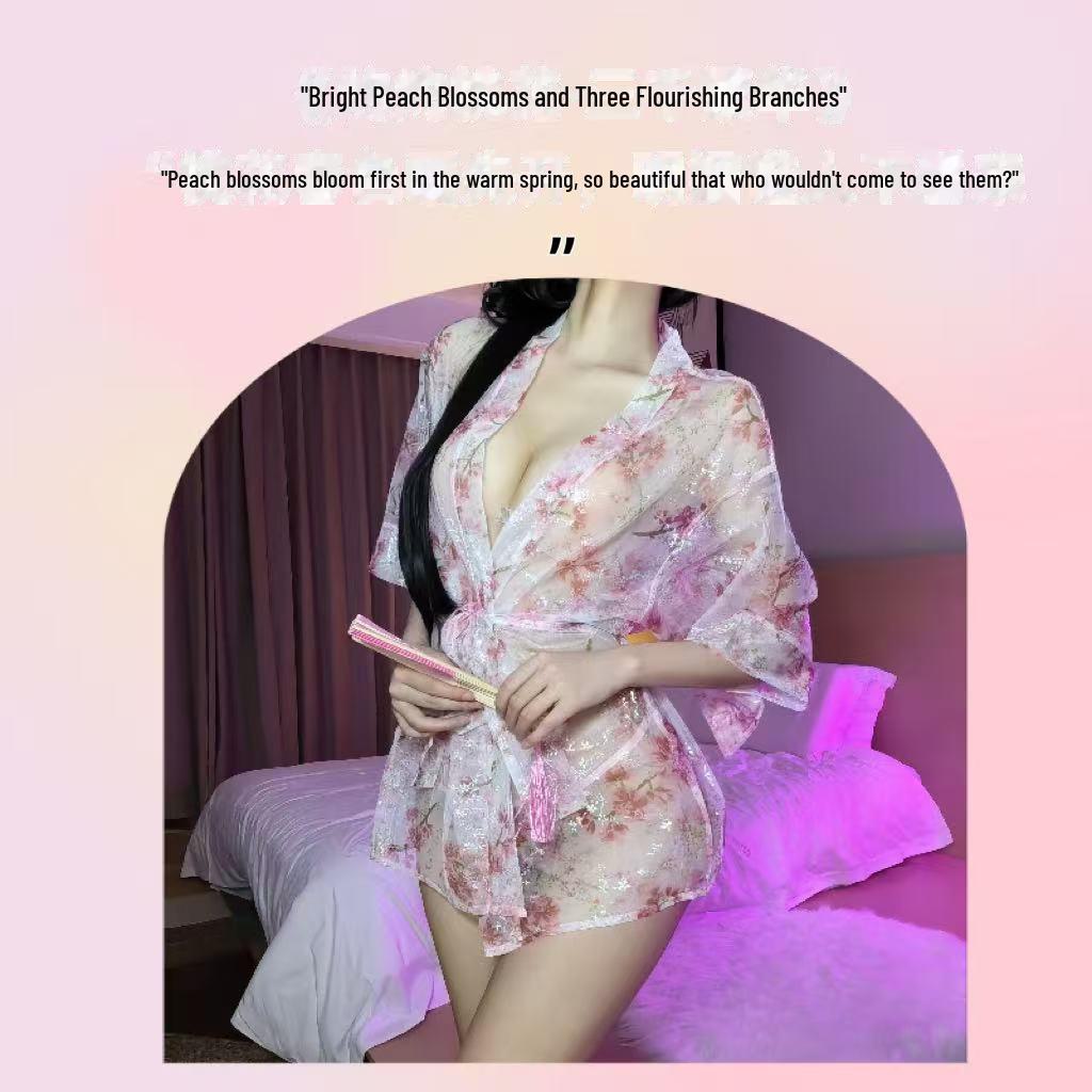 Alluring Deep V Japanese Kimono Pajamas Set with Sheer Outer Blouse and Bathrobe - Women's Sensual Lingerie