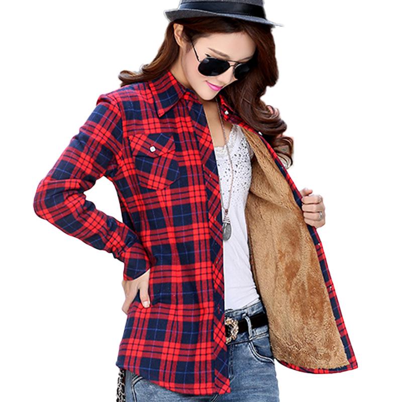 Women's 2025 Autumn/Winter Fleece-Lined Plaid Shirt: Thick, Slimming, Long-Sleeve Cotton Shirt