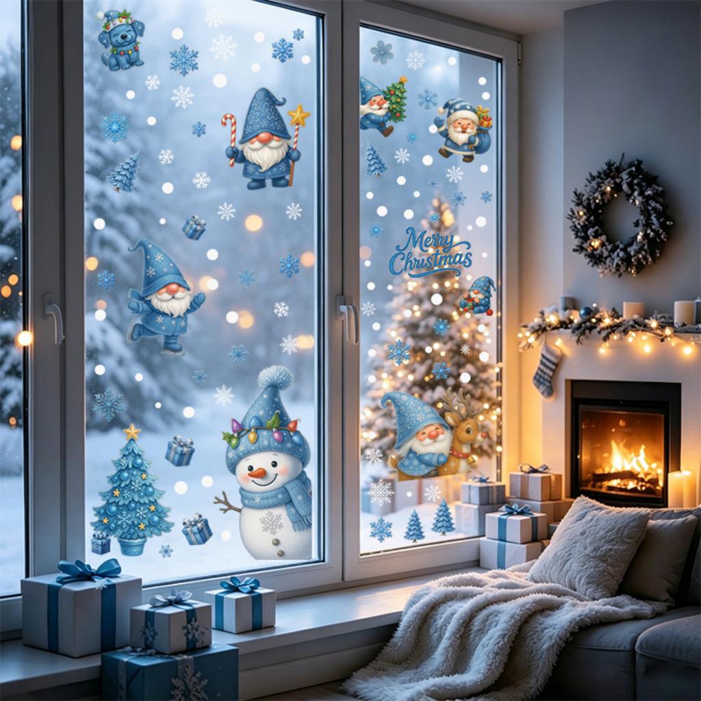 Christmas Static Window Clings with Blue Gnome, Snowman and Snowflake Designs for Storefront, No Glue, No