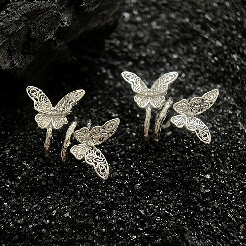 Double-Layer Butterfly Ear Clips - Trendy Hollow Arabesque Design for Autumn/Spring, Sweet & Cool Style, No Piercing Needed