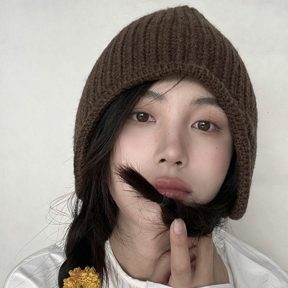 Casual Versatile Winter Knitted Hat Ear Protection Warm Overhead Cap Solid Color Coldproof Earflap Hat for Women