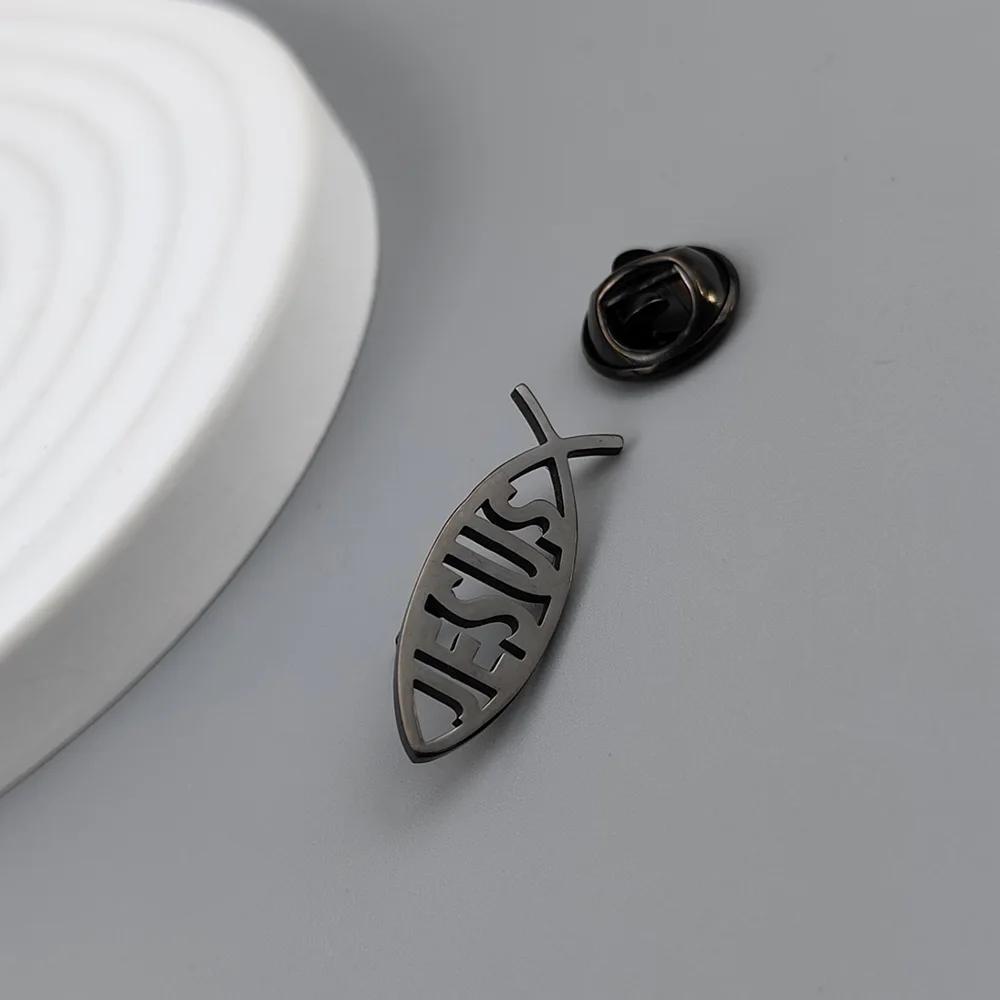 Stainless Steel Jesus Letter Fish Brooch Men's Shirt Suit Badge Pins Fashion Jewelry Accessories Religious Christian Gift