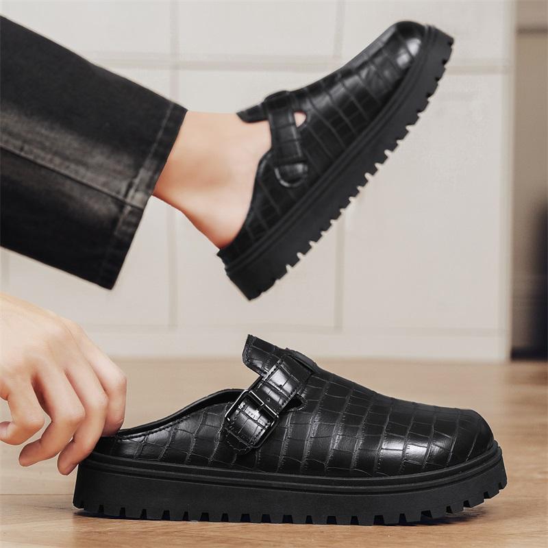 Black Platform Mules Mens Backless Loafers Slippers Thick Bottom Half Shoes For Men Closed Toe Sandals Semi-Drag Casual Shoes