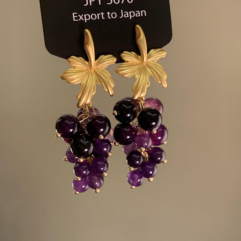 Boucles d'oreilles longues en argent 925 style vintage grappe de raisin violet - Nouveau design rétro 2025