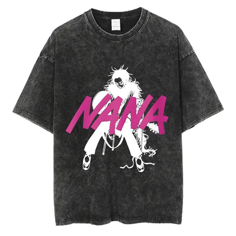 Japanese Anime Nana Osaki Print Vintage Washed Tshirt Harajuku Streetwear Graphic T-Shirt Summer Short SleeveTshirt